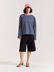 Deep Navy & White Striped Loose Fit Cropped T-Shirt